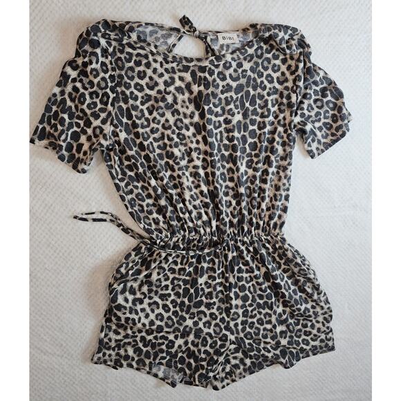 Bibi Womens Animal Print Keyhole‎ Back Short Sleeve Romper Cream Black Large - Picture 1 of 7
